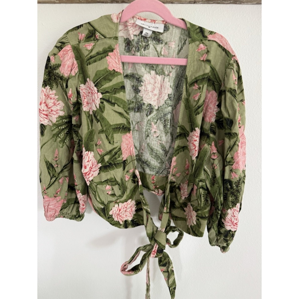 Agua Bendita Peony Floral Flowers Woman Sz XXL Green Tie Top Blush Linen Blend